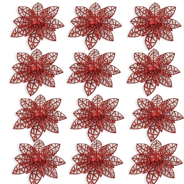 Red Poinsettia Ornaments - Pack of 12 Glitter Poinsettia Flowers with Metal Clip - Holiday Decorations -  #3553