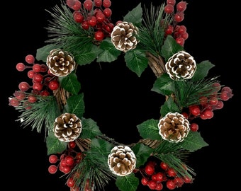 Pine Cone and Red Berry Christmas Wreath Front Door - White Frosted Pinecones and Farmhouse Holiday Greenery - Measures Approx. 15"D  3378