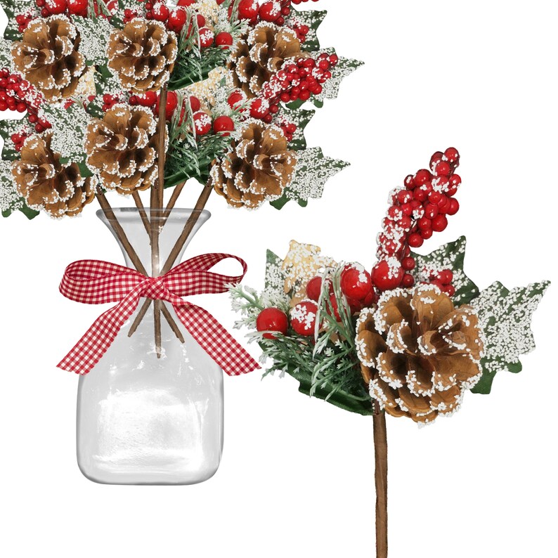 White Flocked Berry Pine Cone Branches Set of 10 Christmas Etsy