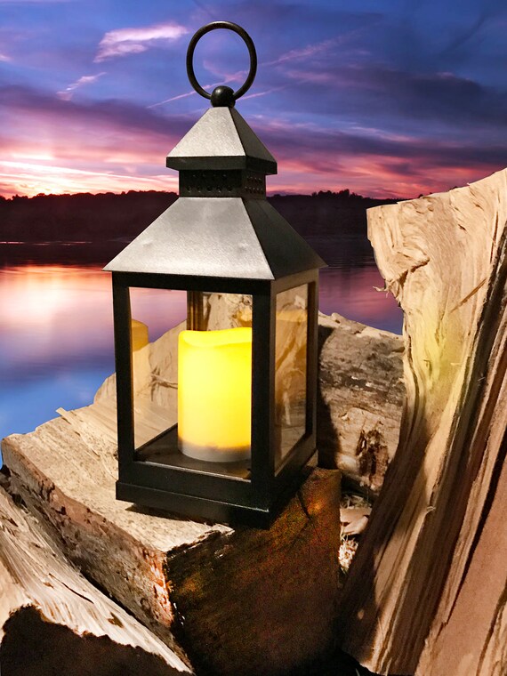 Battery Operated Fire Flame Black Flameless Lantern - 5 Hour Timer