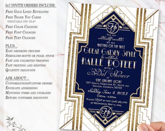 CUSTOM Digital or Printed Invitations: Blue & Gold GREAT GATSBY style, Roaring 20s, Wedding, Quinceanera, Shower, Prom, Charity, New Years