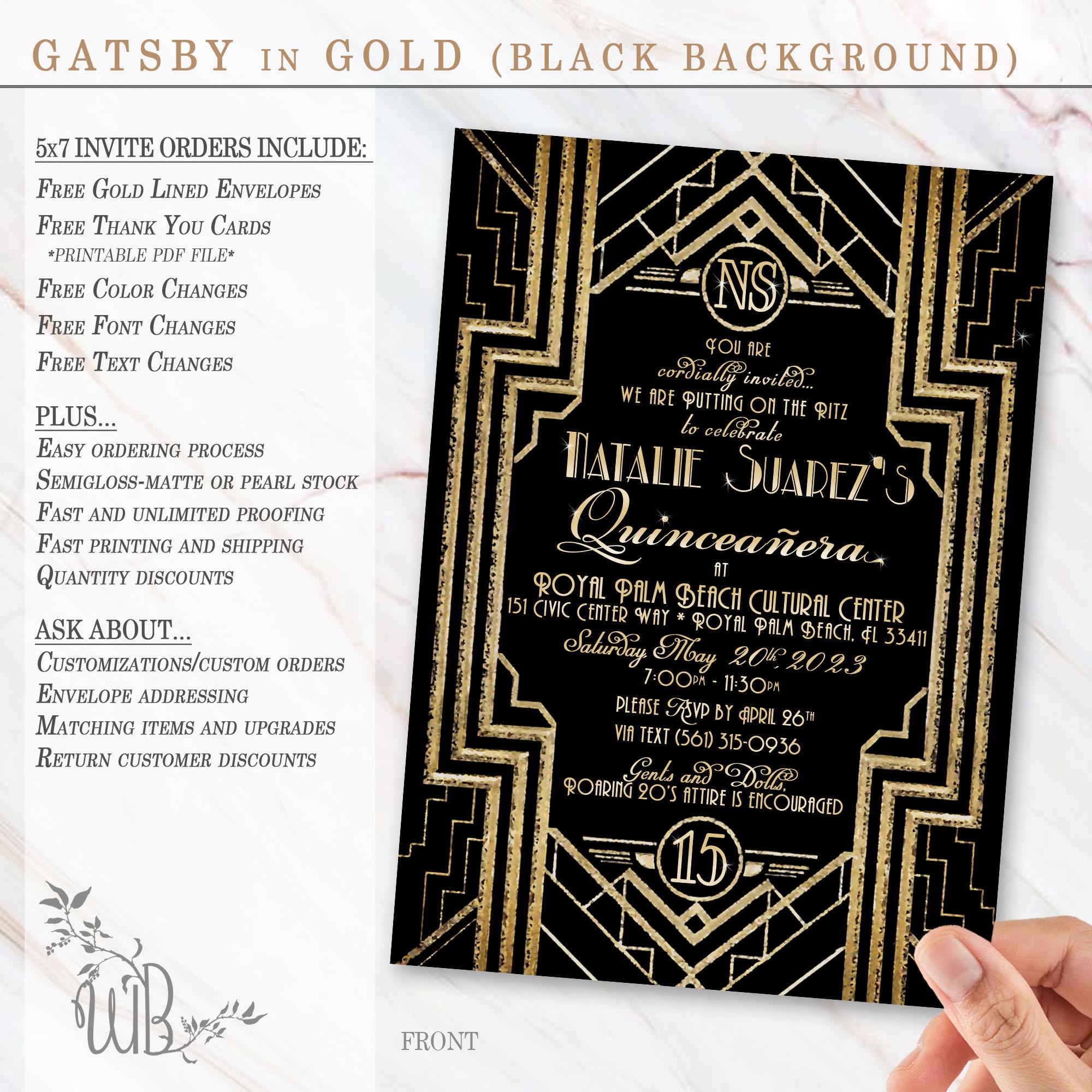 CUSTOM Digital or Printed Invitations: Black & Gold GREAT GATSBY style, Roaring 20s, Wedding, Quinceanera, Shower, Prom, Charity, New Years
