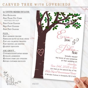 CUSTOM Digital or Printed Invitations: CARVED TREE with Lovebirds Invitations for Wedding, Shower, Anniversary