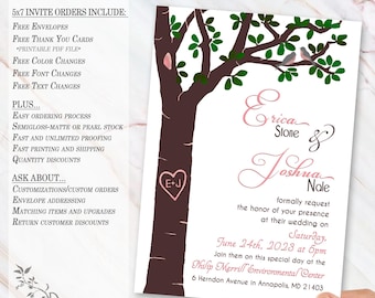 CUSTOM Digital or Printed Invitations: CARVED TREE with Lovebirds Invitations for Wedding, Shower, Anniversary