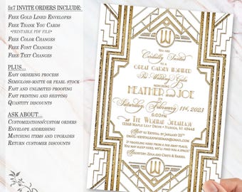 CUSTOM Digital or Printed Invitations: White & Gold GREAT GATSBY style, Roaring 20s, Wedding, Quinceanera, Shower, Prom, Charity, New Years