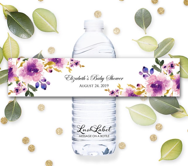 baby shower water bottle label water wraps purple pink flowers