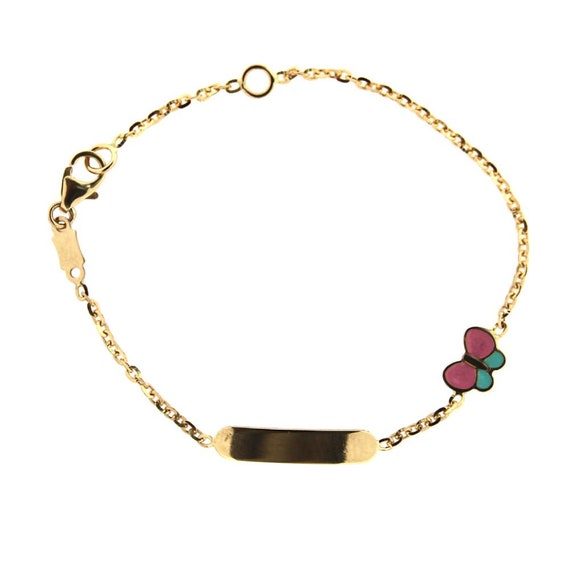 18 K yellow gold pink flower id bracelet 5.5 inches with extra ring in 5 inches
