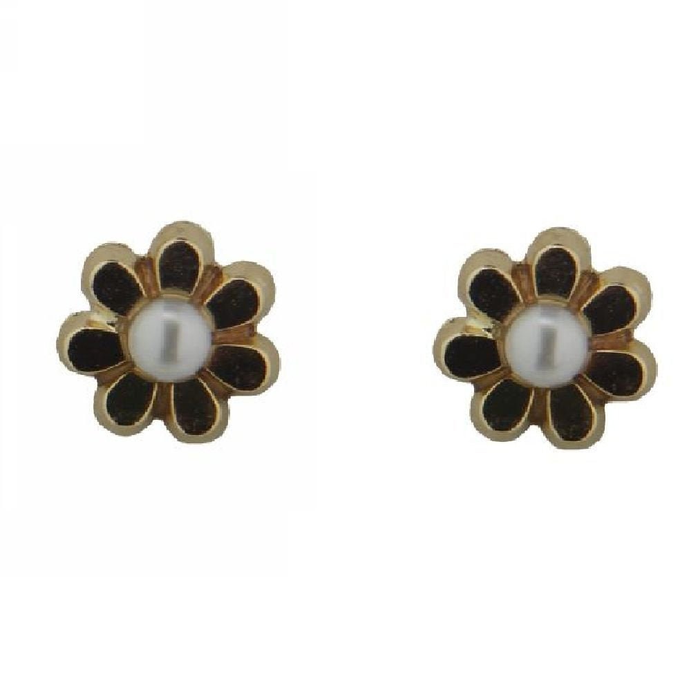 18k yellow gold lilac enamel and Cultivated Pearl flower screwback earrings 4 mm Cultivated Pearl , 4 mm, flower 0.16 inch