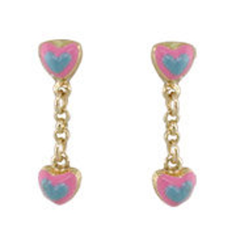 18K Yellow Gold Pink and Blue Enamel Heart Dangle Earrings
