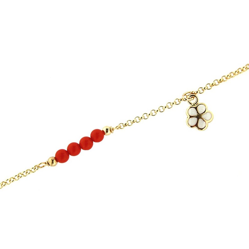18KT Yellow Gold Dangling Enamel White Flower and 4 Coral Paste Beads Bracelet