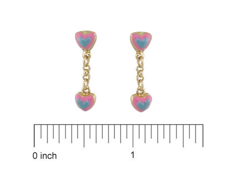 18K Yellow Gold Pink and Blue Enamel Heart Dangle Earrings