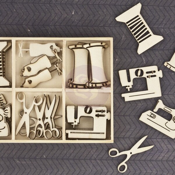 Prima "Wooden Icons In A Box" SEWING 569891 Thread, Scissor,Sewing Machine.Laser cut Wood Embellishments Vintage style distressed