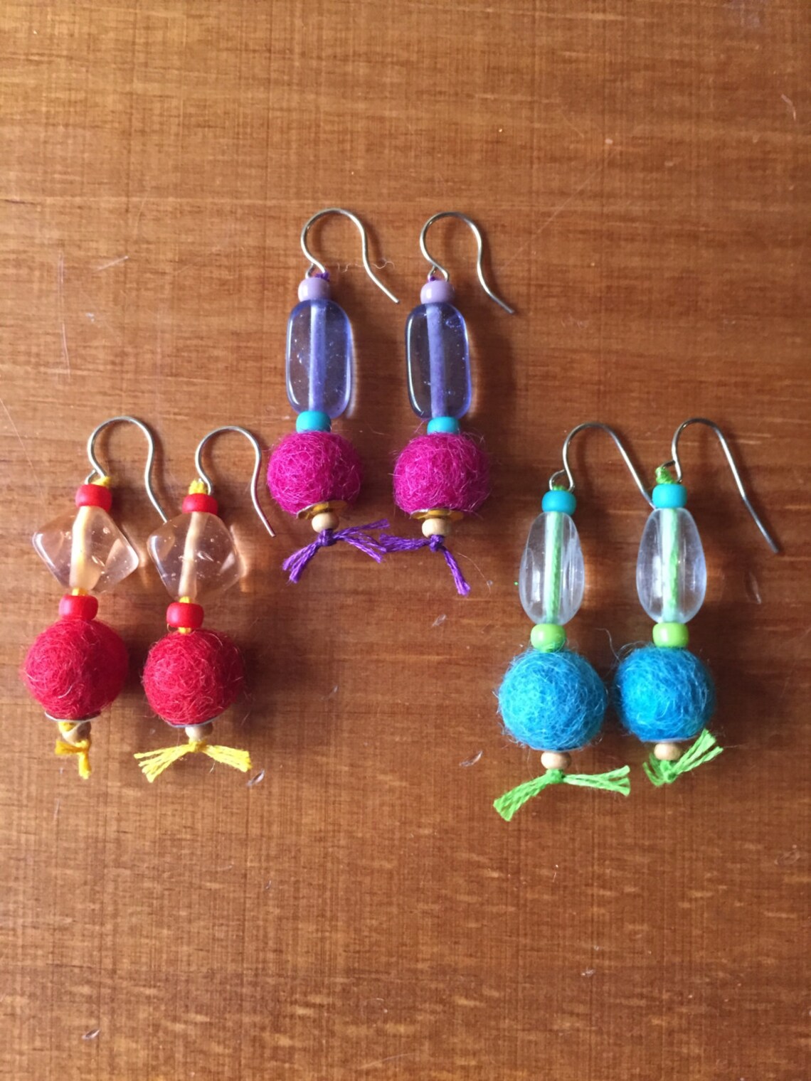 Wool Felted Earrings With Glass Beads Mini Felt Ball Etsy