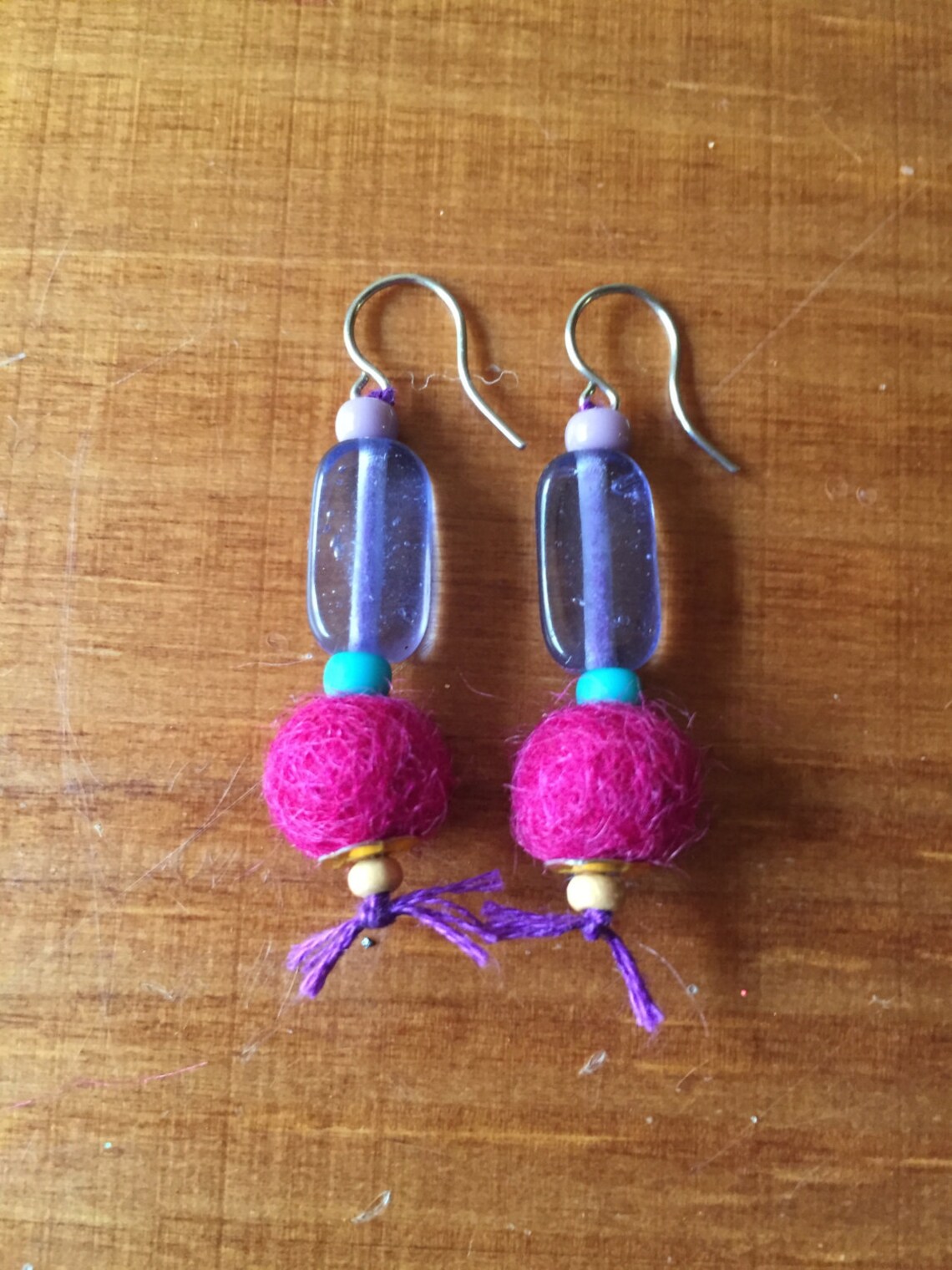 Wool Felted Earrings With Glass Beads Mini Felt Ball Etsy
