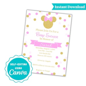 Minnie Mouse Baby Shower Invitation: Pink & Gold Theme (PDF Download 5x7)
