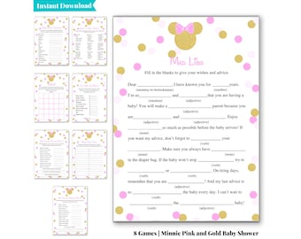Minnie Mouse Babyshower | Minnie Mouse Babyshower-spel | Rosa och guldfärgade Babyshower-spel (8) | Utskrivbara Babyshower-spel | B101