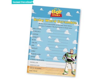 Es una historia de un niño / Juegos para baby shower de Toy Story / Sopa de letras para bebés / Juegos imprimibles para baby shower / A101