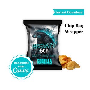Godzilla Chip Bag Label Template: King of Monsters Personalized Favor (PDF Tutorial)