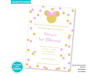Minnie Mouse First Birthday Invitation | Editable Minnie 1st Birthday | Pink & Gold | B101