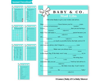 Baby and Co Baby Shower Games: Breakfast at Tiffany's Games Bundle, Chic Turquoise Baby Shower, Fun Baby Shower Activities
