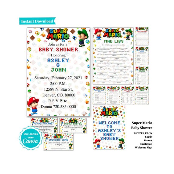 Super Mario Brothers Baby Shower | Video Game | Mario and Luigi |  Baby Shower Games | Invitation | Welcome Sign | Baby Shower Party Pack