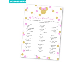 Vad har du i din väska? | Baby Minnie Mouse babyshower | Rosa och guld babyshower-spel | Utskrivbara babyshower-spel | B101