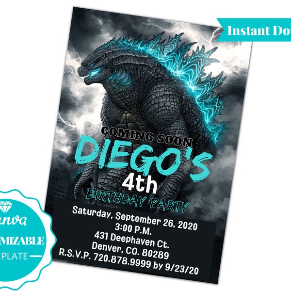 Godzilla | Godzilla Birthday | Godzilla Invitation | King of Monsters | Digital Invitation | C101