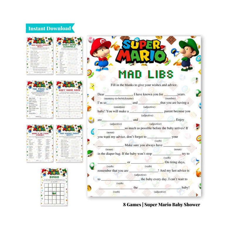 Super Mario Brothers Baby Shower Games | Mario and Luigi Baby Shower Games | Printable Baby Shower Games | Video Game Baby Shower image 1