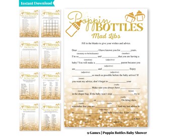 Juegos para baby shower con botellas pop: Tema de Año Nuevo imprimible con purpurina dorada