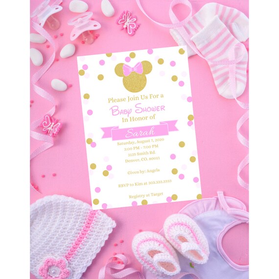 pink and gold minnie mouse baby shower invitations