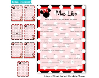 Minnie Mouse babyshower | Babyshower-spel | Röda och svarta babyshower-spel | Utskrivbara babyshower-spel