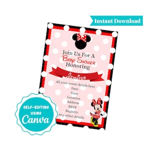 Minnie Mouse Baby Shower Invitation: Red and Black Theme (PDF Downloadable Template