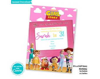 It's a Girl Story Birthday Invitation | Toy Story Birthday | Editable Canva | Digital Download | Girl Birthday Invitation | A101