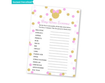 Baby Word Scramble | Baby Minnie Mouse Baby Shower | Pink and Gold Baby Shower Games | Printable Baby Shower Games | B101