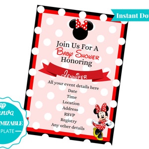 Zaproszenie na Baby Shower Myszki Minnie | Baby Shower | Baby Shower Myszki Minnie w kolorze czerwonym i czarnym | Gry na Baby Shower do wydrukowania