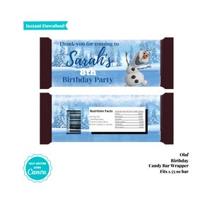 Puede incluir: Envoltorio de barra de caramelo con un tema invernal con Olaf el muñeco de nieve. El envoltorio dice "Thank you for coming to Sarah's 8th Birthday Party". Diseñado para una barra de 43.9 gramos, descarga instantánea.