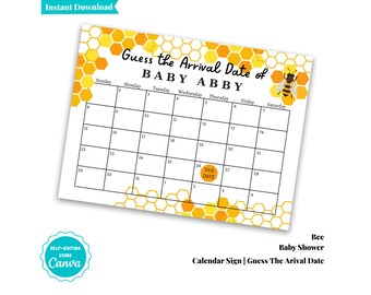 Bee Baby Shower Due Date Calendar Sign: Guess the Birthday Baby Shower Game, Guess Baby's Birth Date