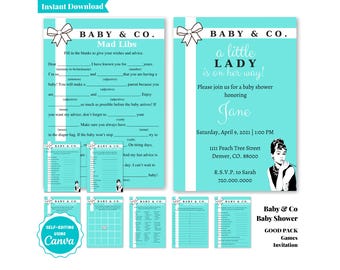 Baby and Co Baby Shower Bundle Package: Breakfast at Tiffany's Invitation + 8 Games, Chic Turquoise Baby Shower