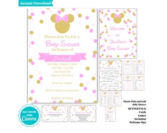 Pink and Gold Minnie Mouse Baby Shower Party Pack | Invitation | Baby Shower Games | Diaper Raffle | Books for Baby | Welcome Sign | B101