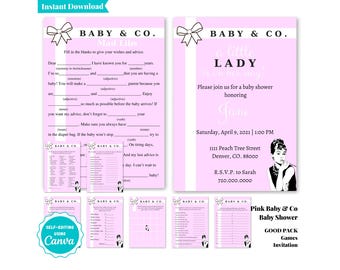 Paquete de invitaciones y juegos para baby shower de Baby and Co: tema "Desayuno en Tiffany's", baby shower rosa chic