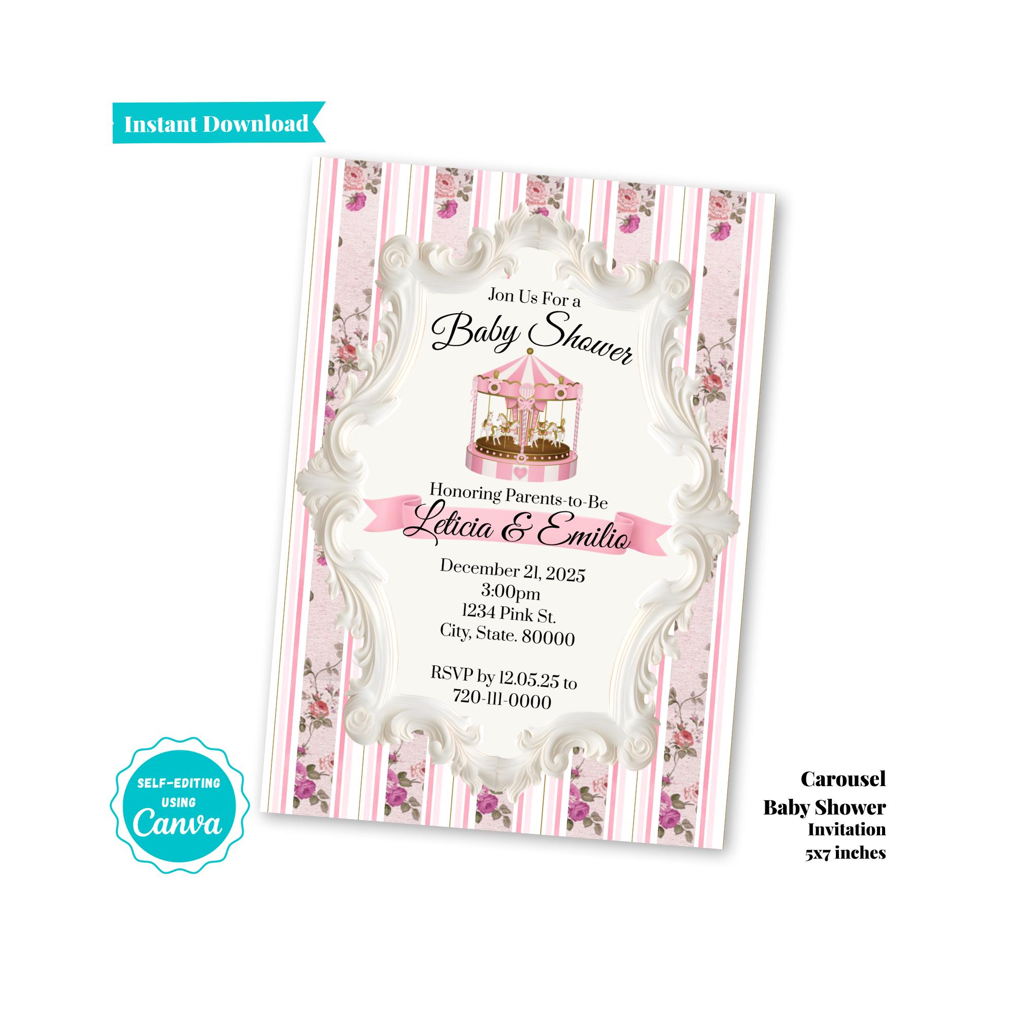 Carousel Baby Shower Diaper Raffle Card: Printable Raffle Ticket, Pink ...