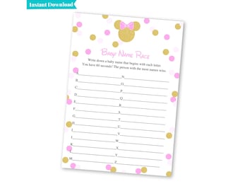 Baby Name Race | Baby Minnie Mouse Baby Shower | Pink and Gold Baby Shower Games | Printable Baby Shower Games | B101