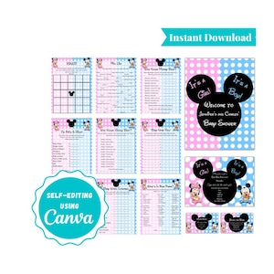 Baby Mickey & Minnie Baby Shower Party Pack | Invitation | Baby Shower Games | Diaper Raffle | Books for Baby | Welcome Sign | M101