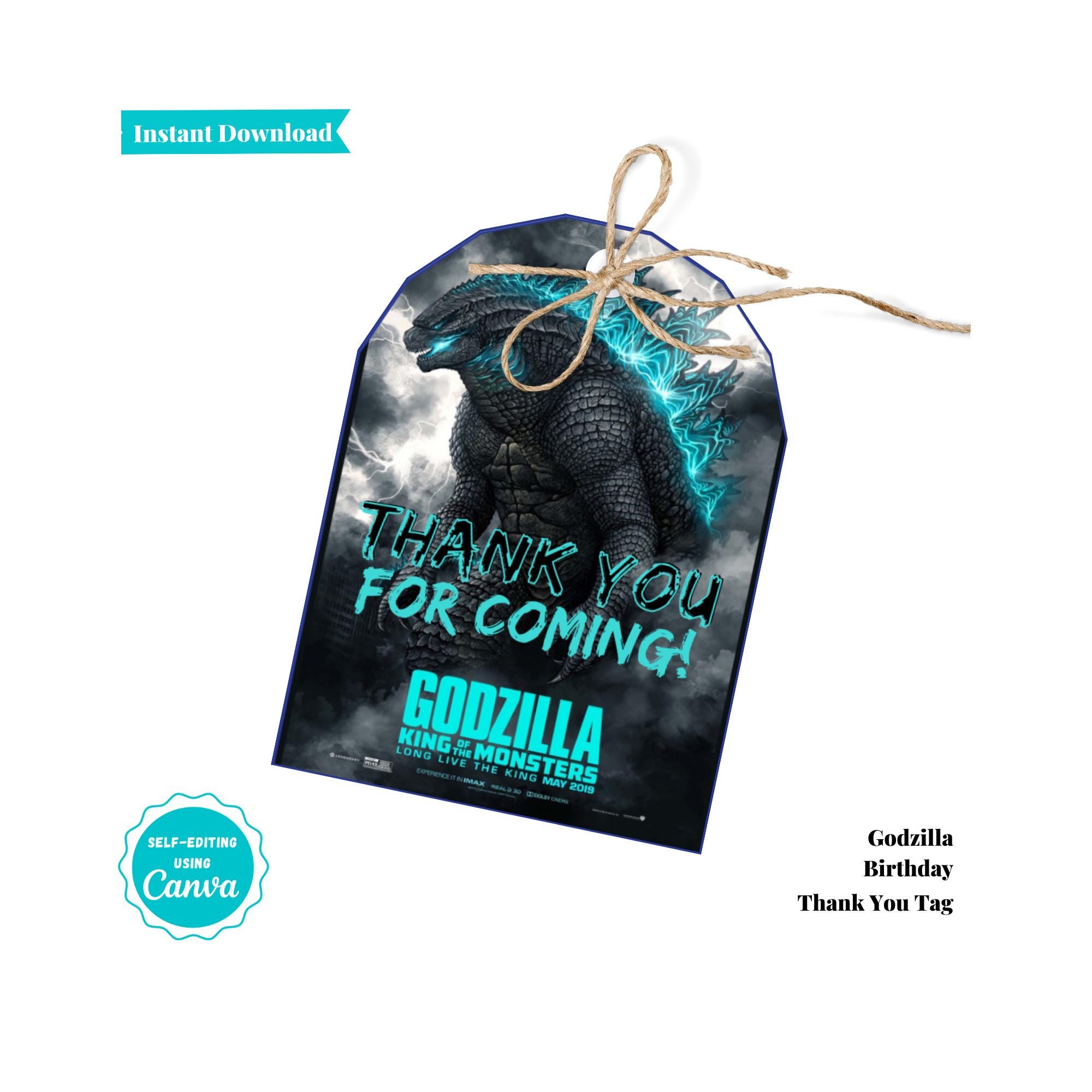 Godzilla King of Monsters Birthday | Godzilla Birthday Thank You Tags ...