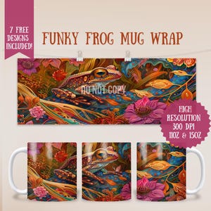 Funky Frog Sublimation Mug Wrap | Bright Boho 11oz & 15oz DIY Mug Template | Gift for Friend Dad Mom Sibling | DIY Gift | Amphibian Mug Wrap