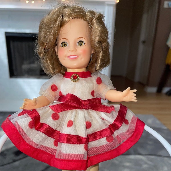 Ideal Shirley Temple Doll - wearing red polka dot dress and white shoes and socks