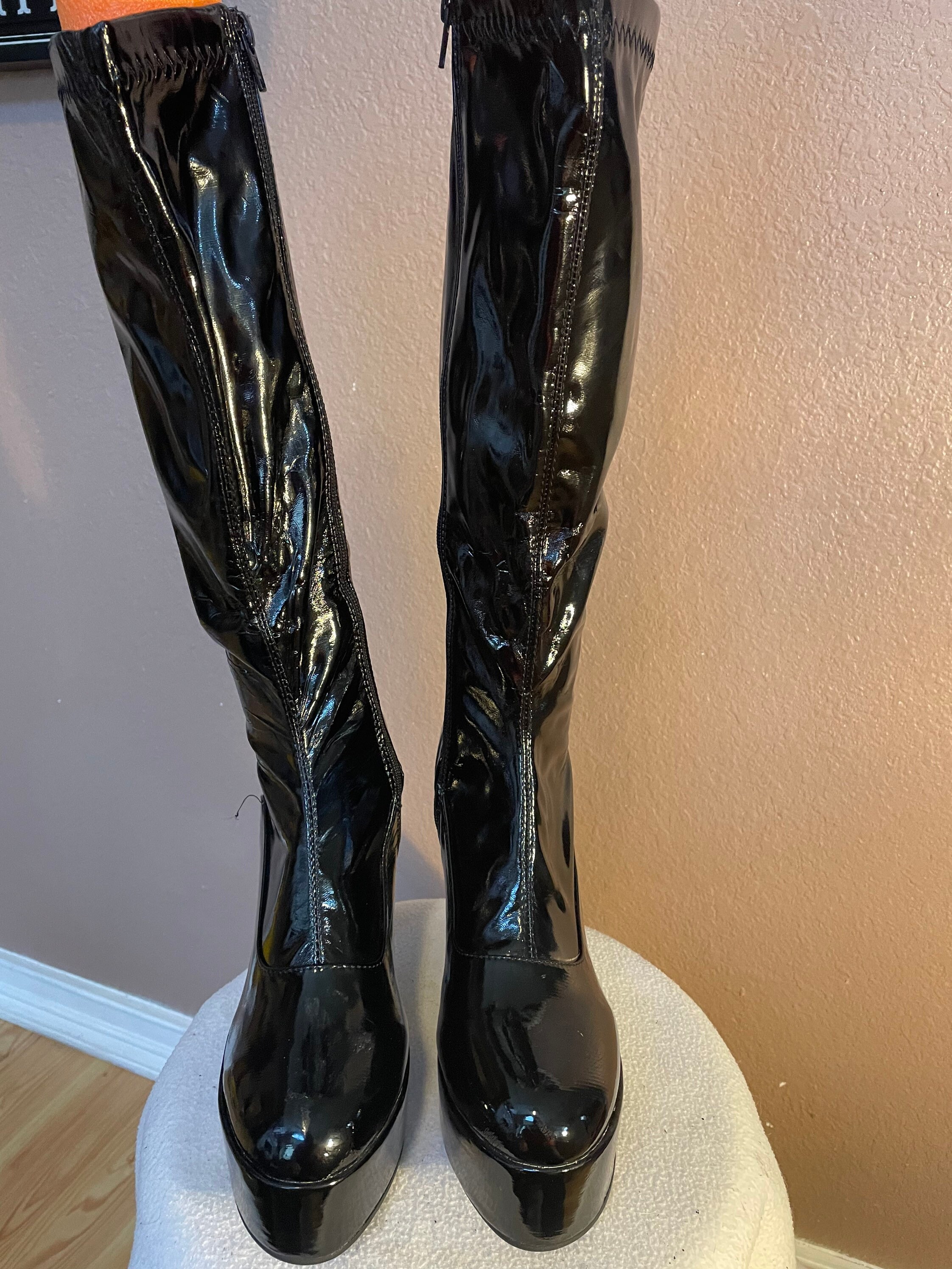 Black Faux Leather Gogo Boots Size 910 Chunky Heels Etsy