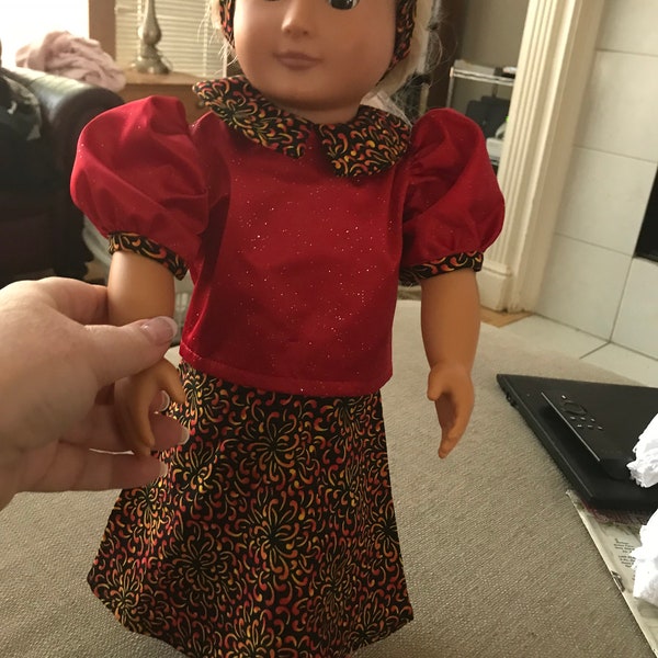 Red/Black Two piece Doll skirt and top with shoes and bandana - fits American Girl, Our Generation and most 18" dolls