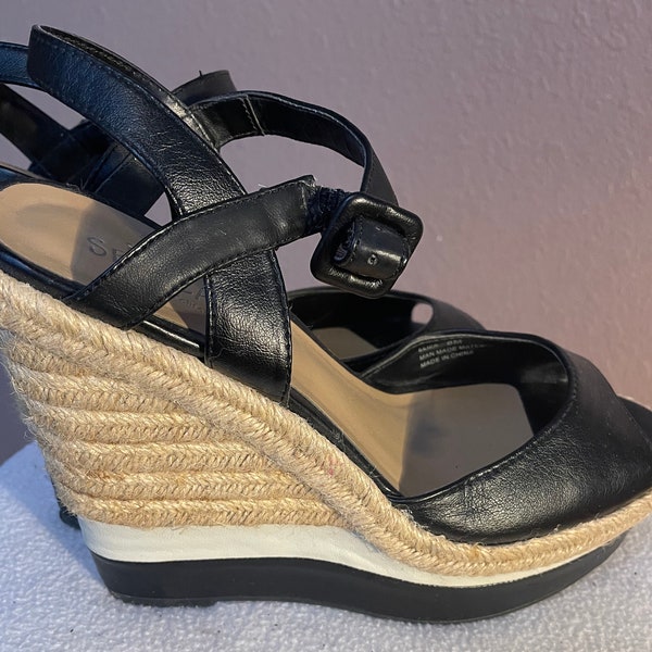 Retro 1970’s Wedges High Heel Shoes - Macramé fabric sides - size 8
