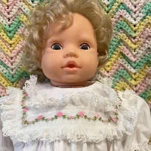 18” GI-GO Doll marked and wearing real vintage baby lace diaper covers and dress